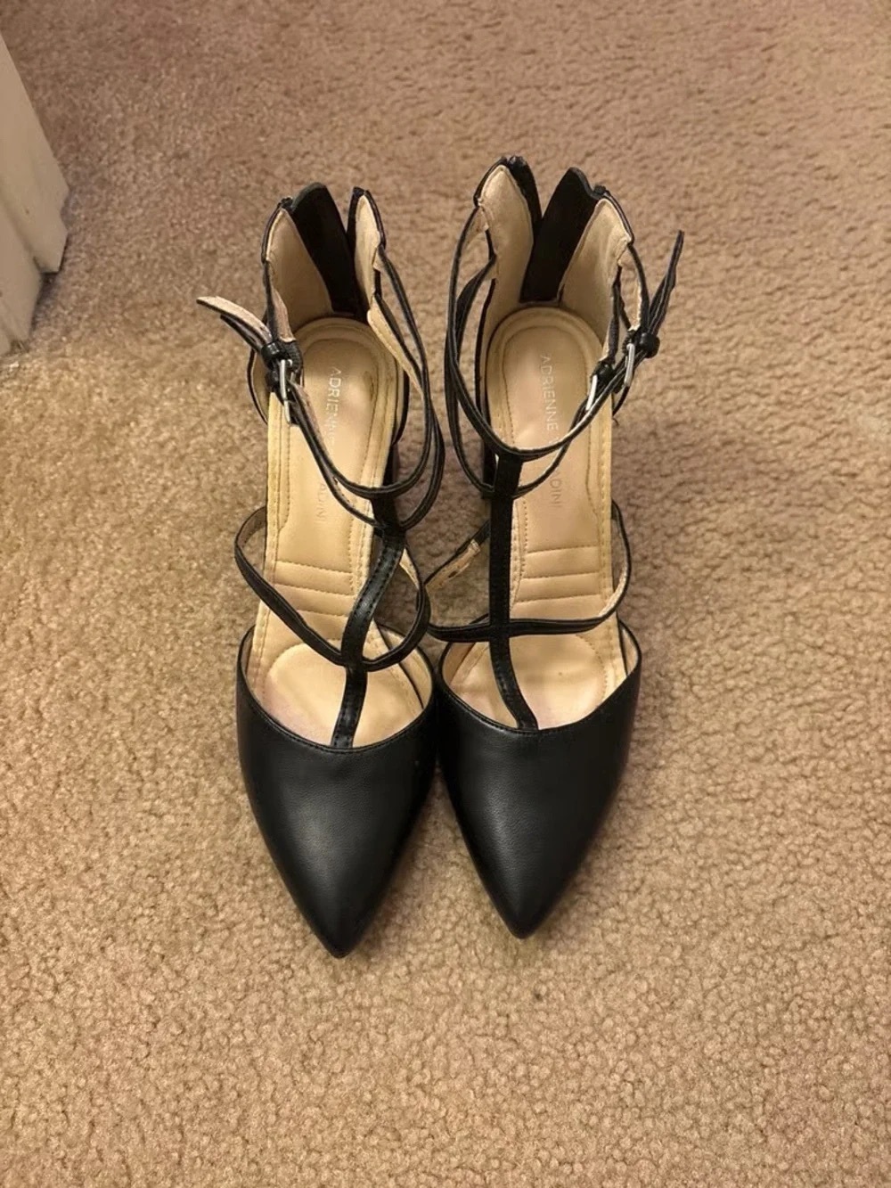 Black Strappy Pointed-Toe Heels with Ankle Buckle